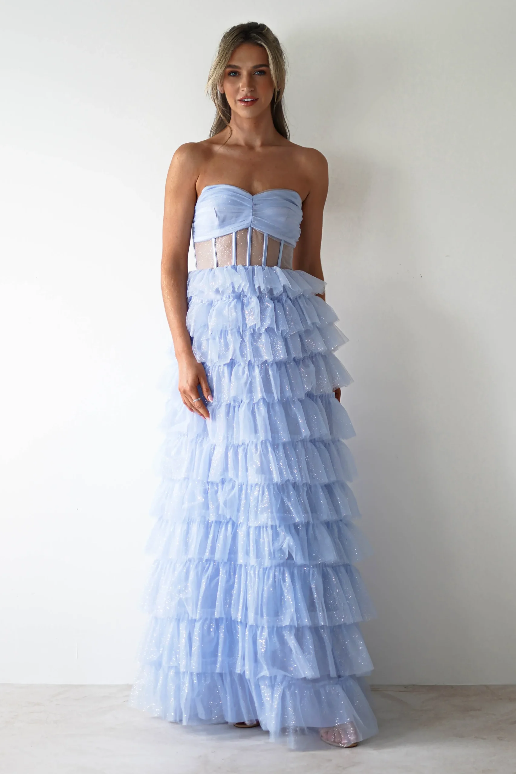 Sale Claudette Ruffle Glitter Maxi Dress | Blue Lange Kleider|Maxikleider