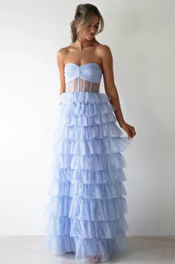 Sale Claudette Ruffle Glitter Maxi Dress | Blue Lange Kleider|Maxikleider