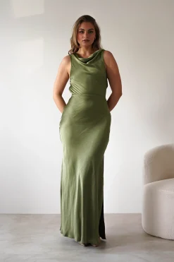 Fashion Darlee Tie Back Satin Maxi Dress | Olive Lange Kleider|Maxikleider