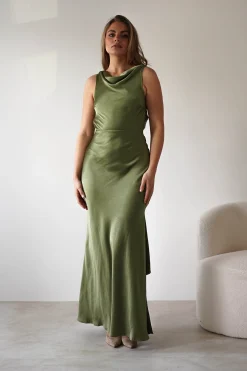 Fashion Darlee Tie Back Satin Maxi Dress | Olive Lange Kleider|Maxikleider