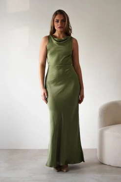 Fashion Darlee Tie Back Satin Maxi Dress | Olive Lange Kleider|Maxikleider