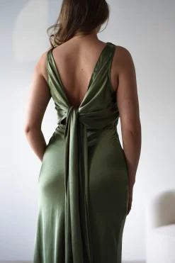 Fashion Darlee Tie Back Satin Maxi Dress | Olive Lange Kleider|Maxikleider