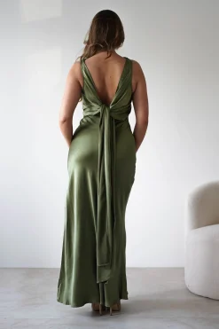 Fashion Darlee Tie Back Satin Maxi Dress | Olive Lange Kleider|Maxikleider