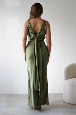 Fashion Darlee Tie Back Satin Maxi Dress | Olive Lange Kleider|Maxikleider