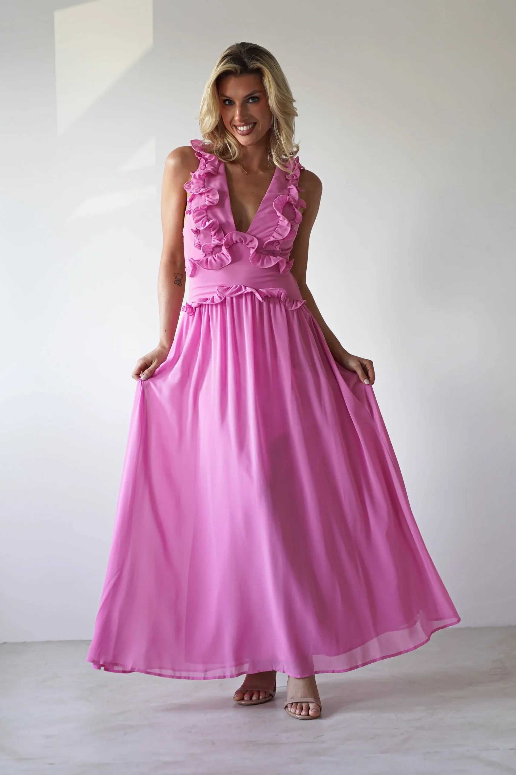 Sale Ellie Ruffle Detail Maxi Dress | Pink Lange Kleider|Maxikleider