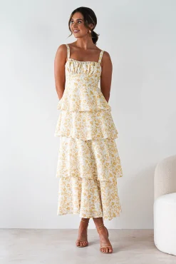 Best Emily Floral Ruffle Maxi Dress | Yellow Print Lange Kleider|Maxikleider