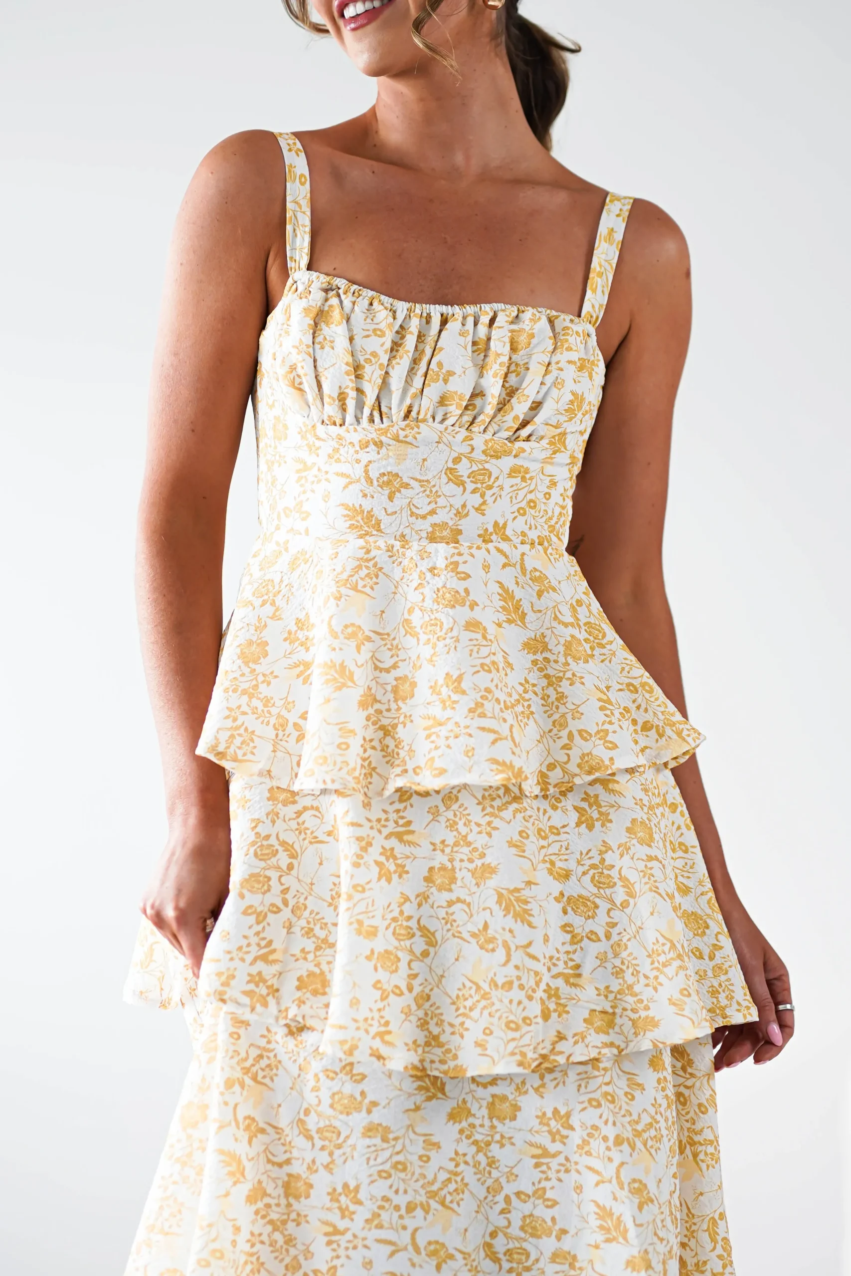 Best Emily Floral Ruffle Maxi Dress | Yellow Print Lange Kleider|Maxikleider