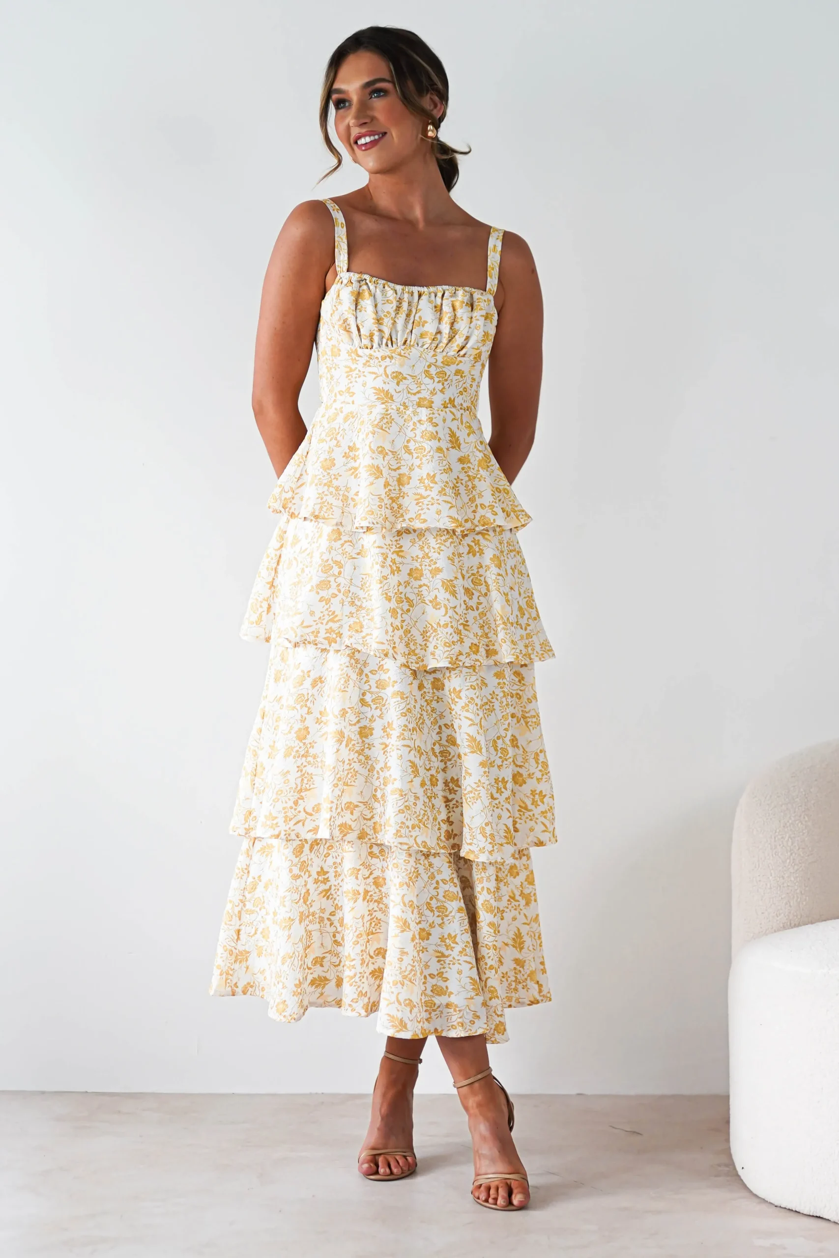 Best Emily Floral Ruffle Maxi Dress | Yellow Print Lange Kleider|Maxikleider