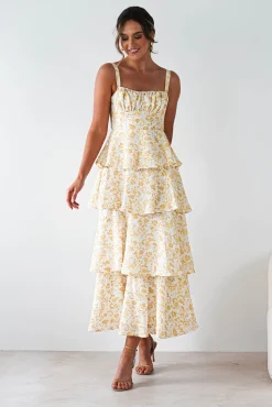 Best Emily Floral Ruffle Maxi Dress | Yellow Print Lange Kleider|Maxikleider
