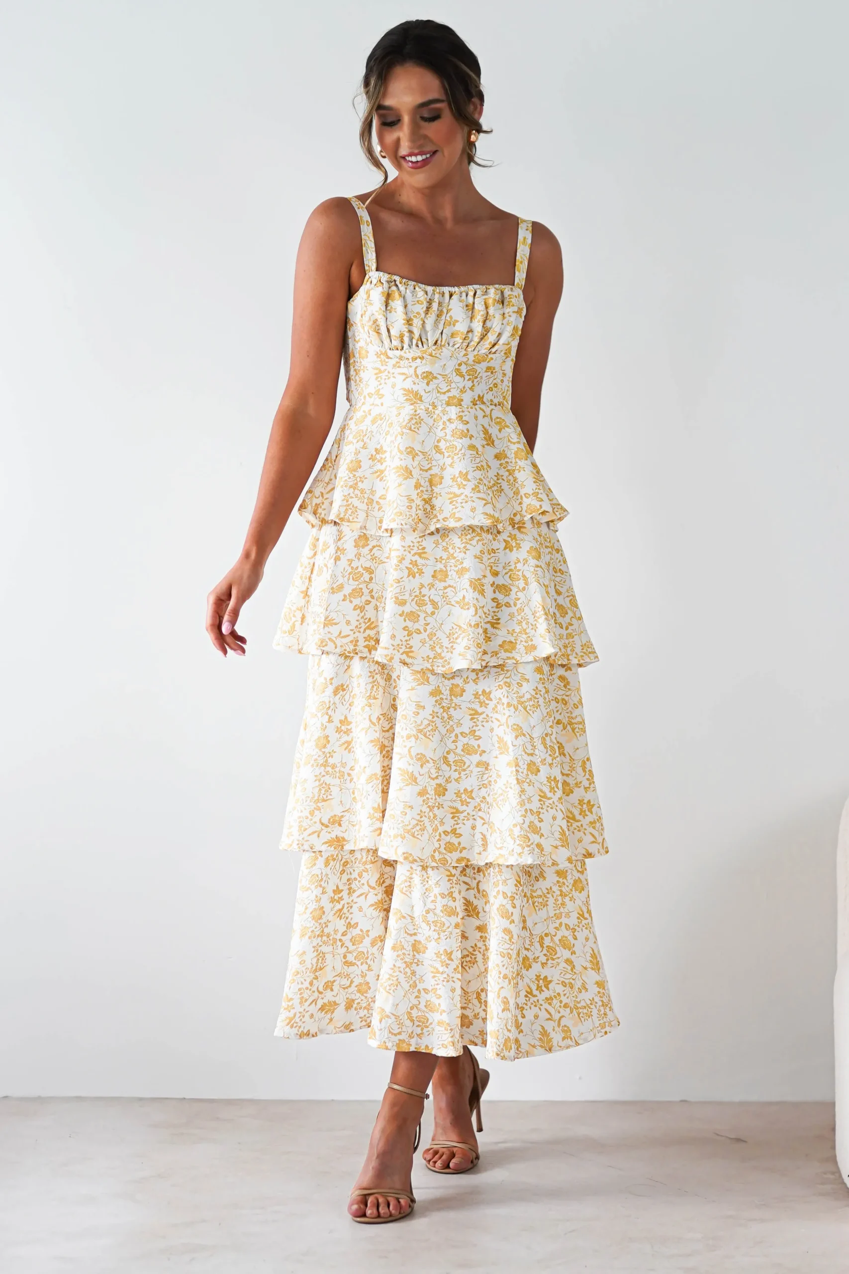 Best Emily Floral Ruffle Maxi Dress | Yellow Print Lange Kleider|Maxikleider
