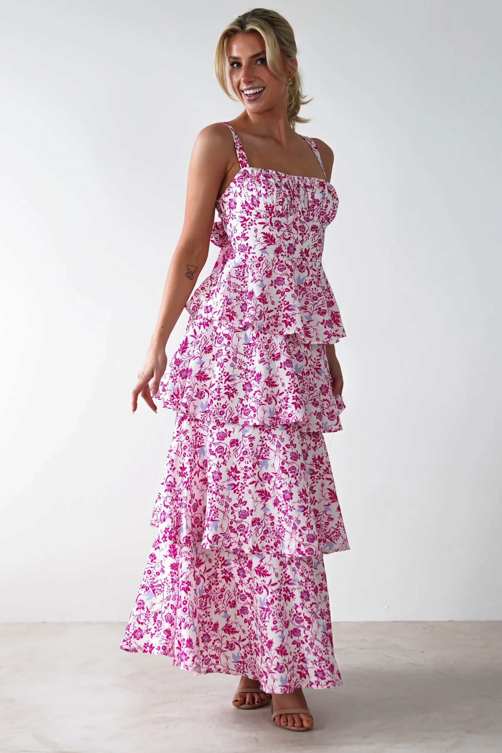 Hot Emily Floral Ruffle Maxi Dress | Pink Print Lange Kleider|Maxikleider