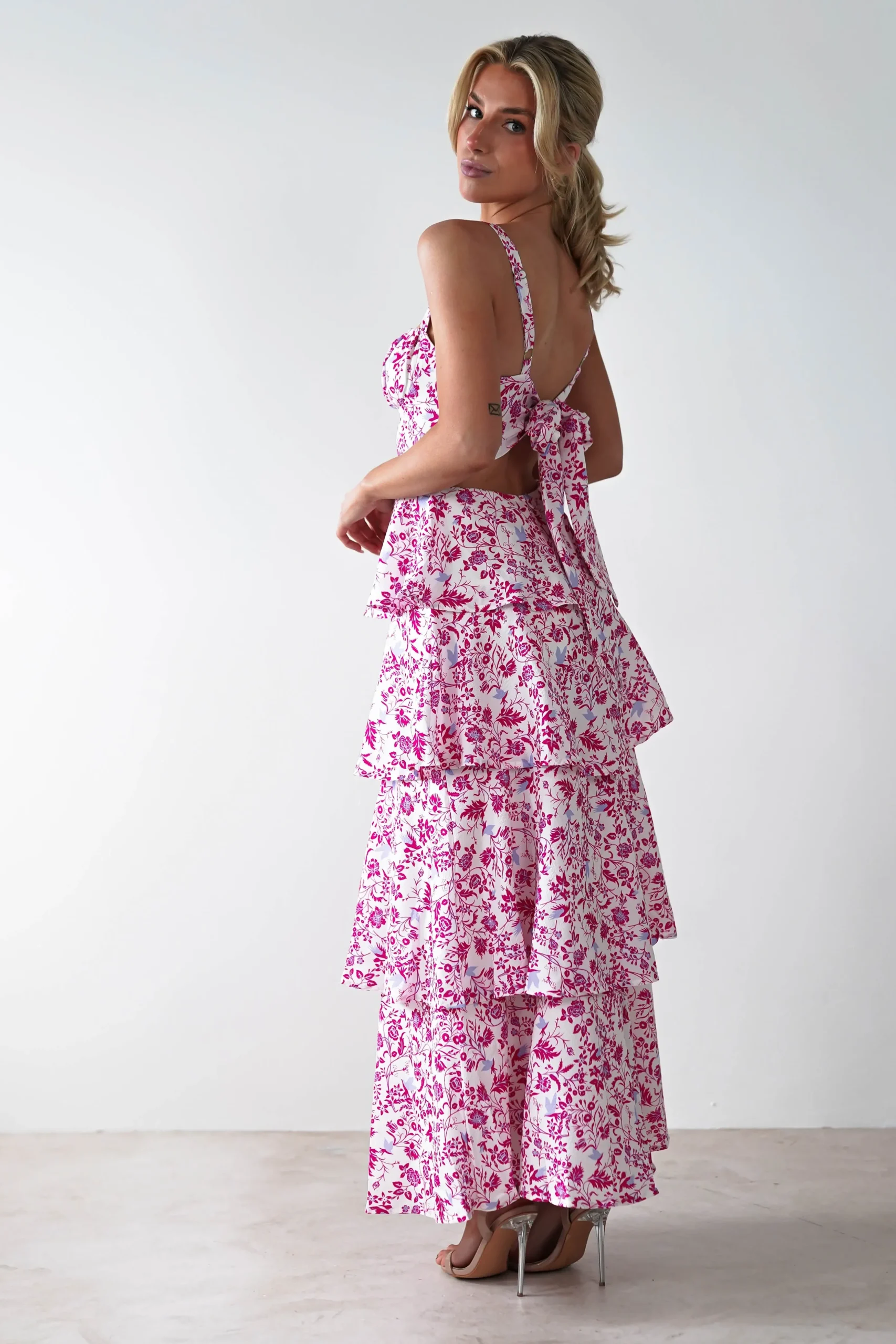 Hot Emily Floral Ruffle Maxi Dress | Pink Print Lange Kleider|Maxikleider