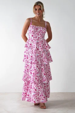 Hot Emily Floral Ruffle Maxi Dress | Pink Print Lange Kleider|Maxikleider