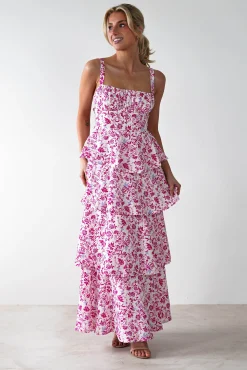 Hot Emily Floral Ruffle Maxi Dress | Pink Print Lange Kleider|Maxikleider