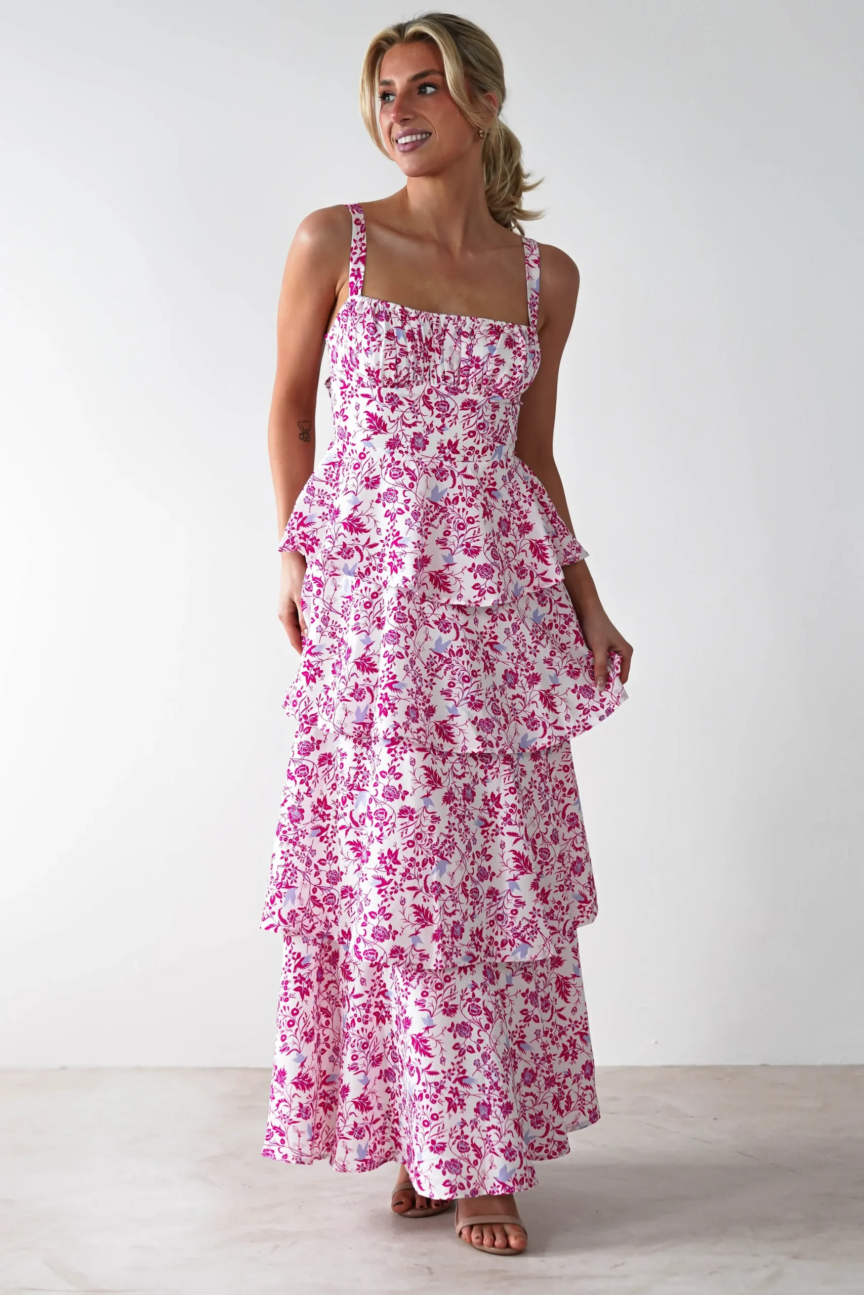 Hot Emily Floral Ruffle Maxi Dress | Pink Print Lange Kleider|Maxikleider