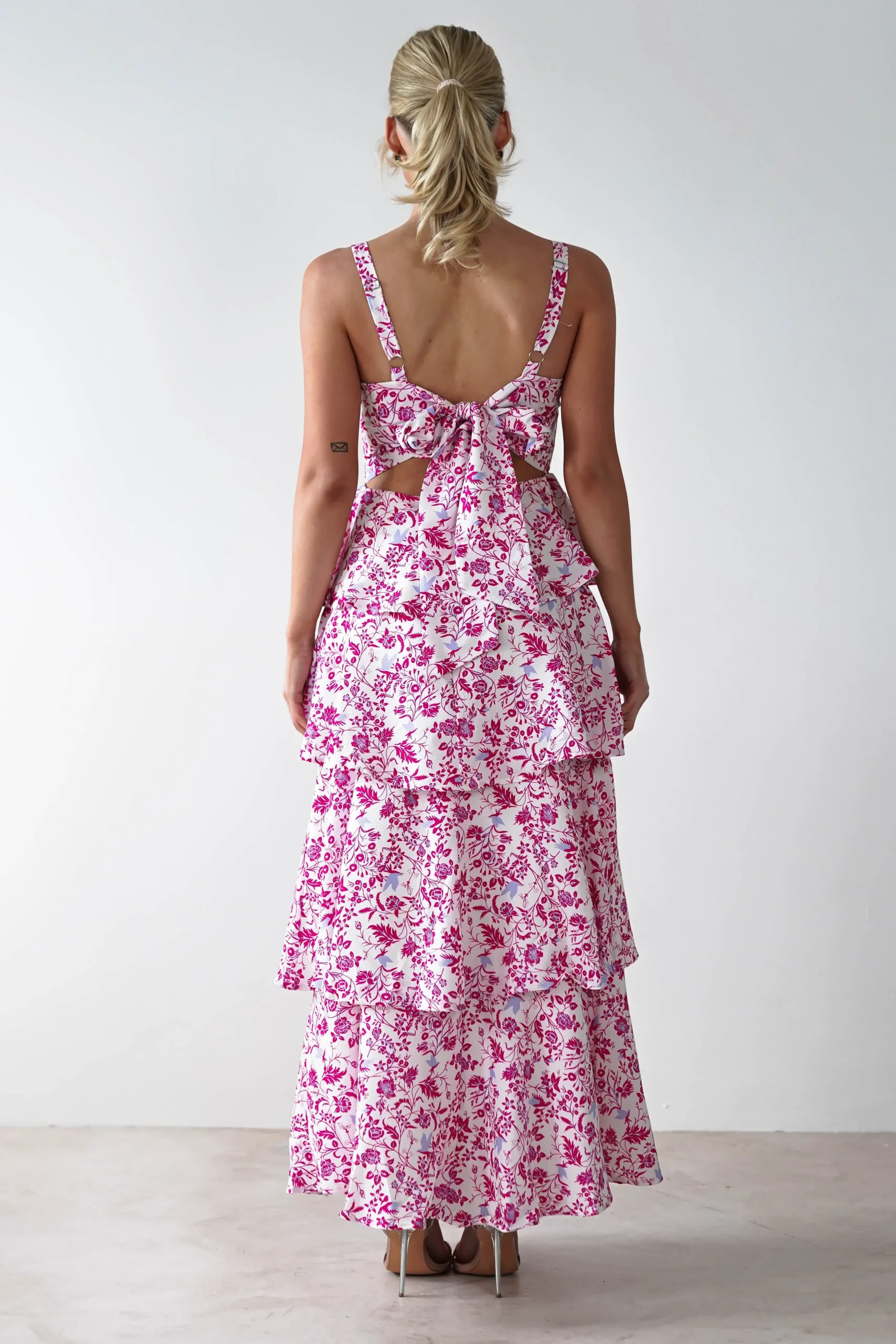 Hot Emily Floral Ruffle Maxi Dress | Pink Print Lange Kleider|Maxikleider