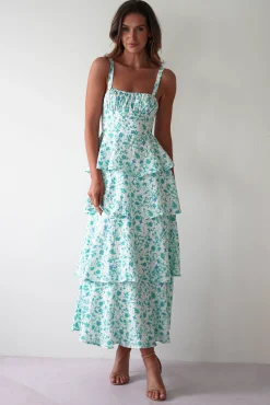 Online Emily Floral Ruffle Maxi Dress | Green/White Lange Kleider|Maxikleider
