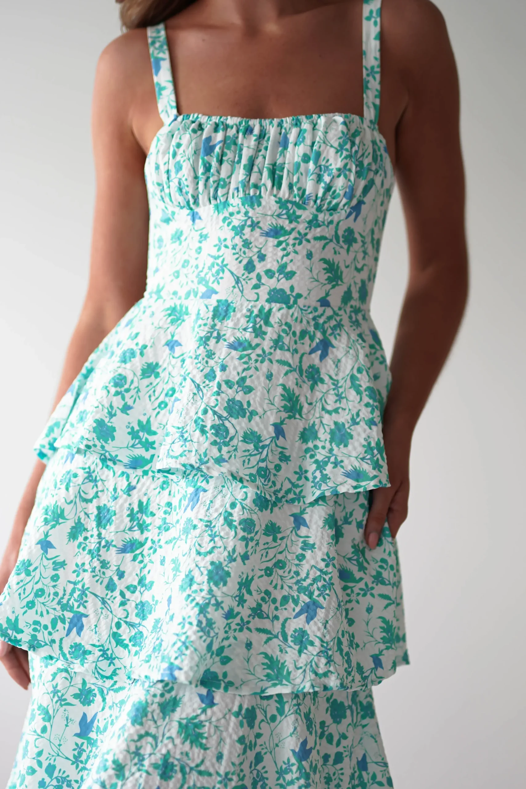 Online Emily Floral Ruffle Maxi Dress | Green/White Lange Kleider|Maxikleider