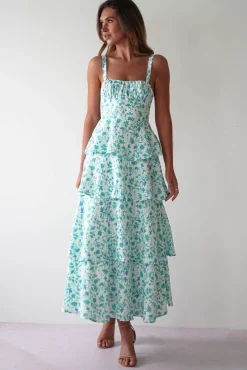 Online Emily Floral Ruffle Maxi Dress | Green/White Lange Kleider|Maxikleider