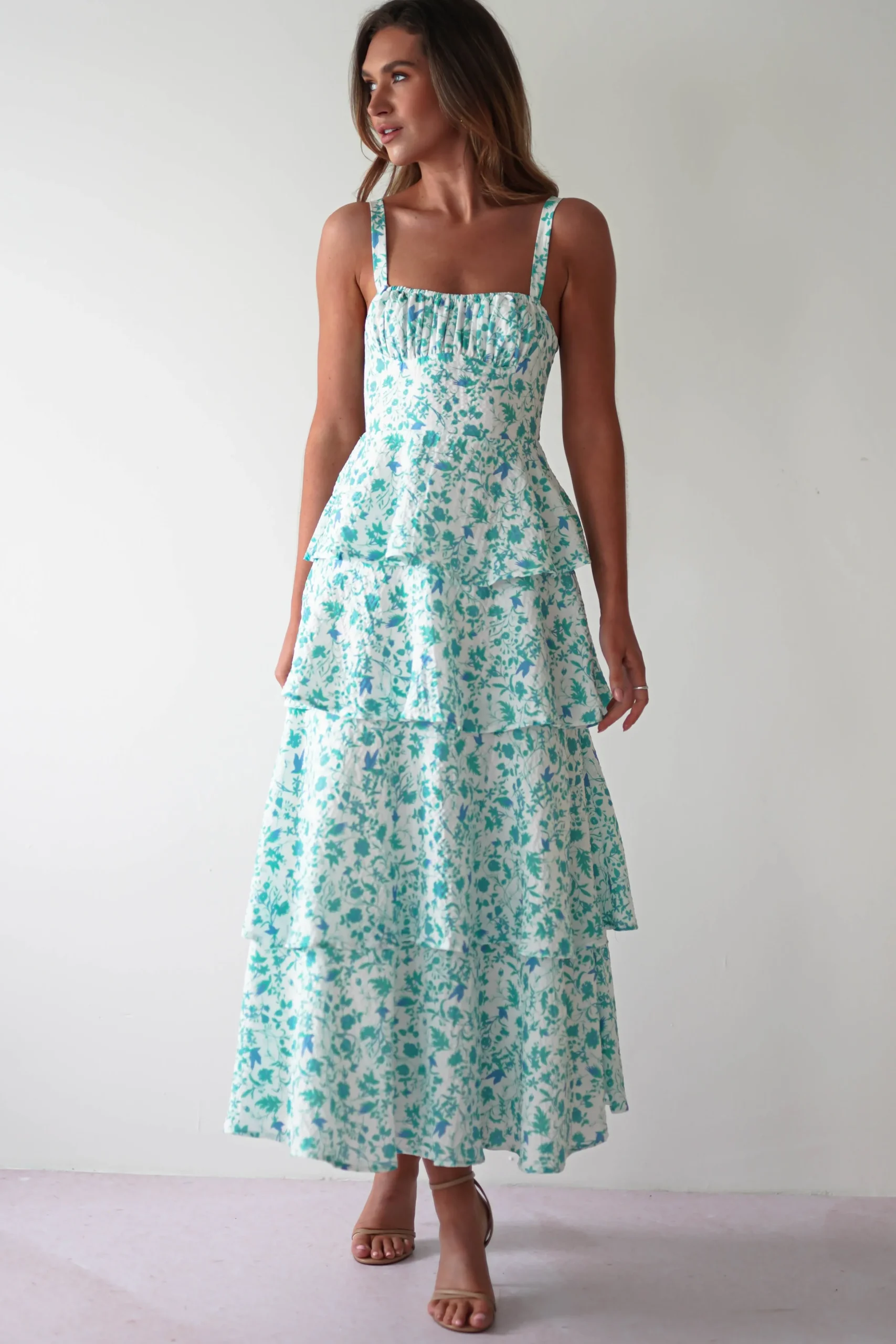 Online Emily Floral Ruffle Maxi Dress | Green/White Lange Kleider|Maxikleider