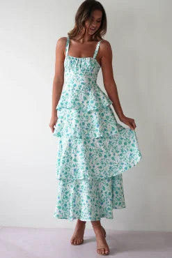 Online Emily Floral Ruffle Maxi Dress | Green/White Lange Kleider|Maxikleider