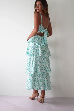Online Emily Floral Ruffle Maxi Dress | Green/White Lange Kleider|Maxikleider