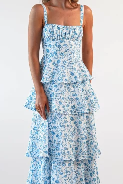 Outlet Emily Floral Ruffle Maxi Dress | Blue/White Lange Kleider|Maxikleider