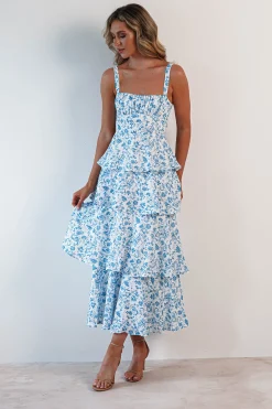Outlet Emily Floral Ruffle Maxi Dress | Blue/White Lange Kleider|Maxikleider
