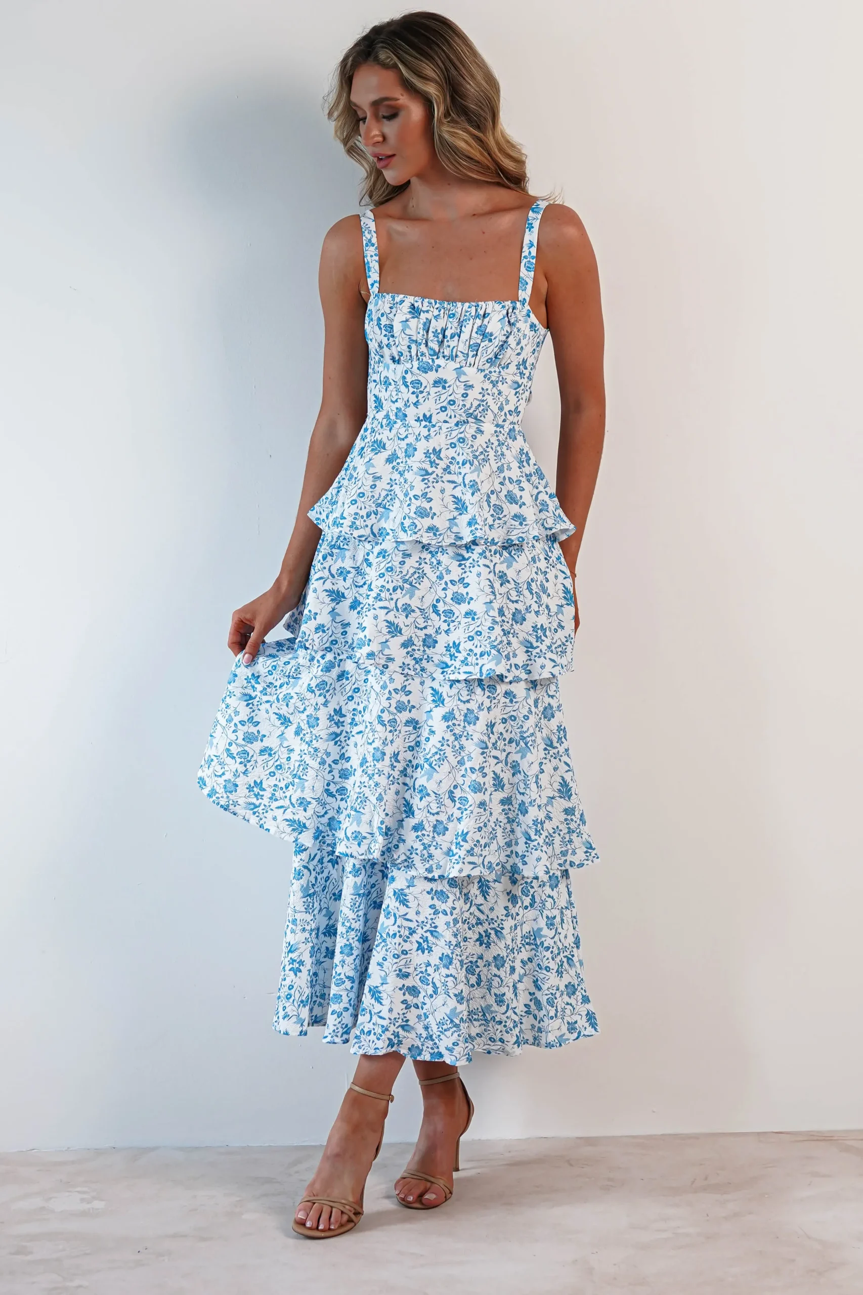 Outlet Emily Floral Ruffle Maxi Dress | Blue/White Lange Kleider|Maxikleider