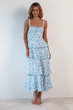 Outlet Emily Floral Ruffle Maxi Dress | Blue/White Lange Kleider|Maxikleider