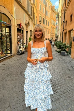 Outlet Emily Floral Ruffle Maxi Dress | Blue/White Lange Kleider|Maxikleider