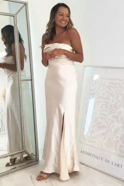 Hot Everly Strapless Satin Midi Dress | Champange Mittellange Kleider|Midi-kleider