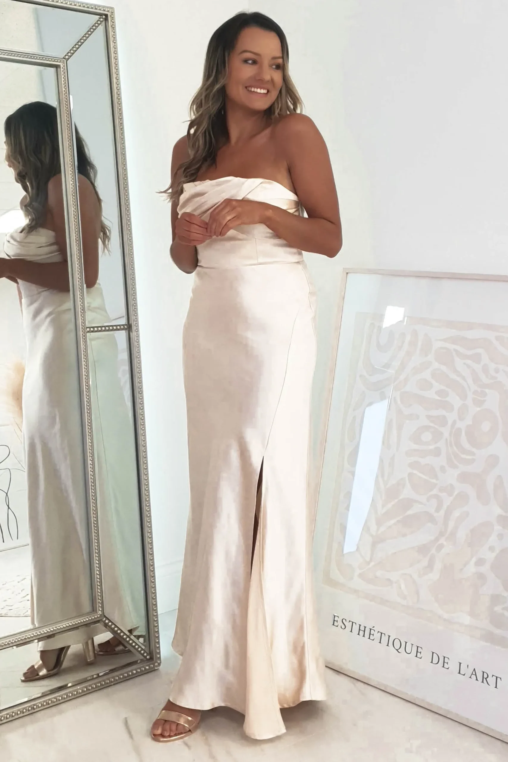 Hot Everly Strapless Satin Midi Dress | Champange Mittellange Kleider|Midi-kleider