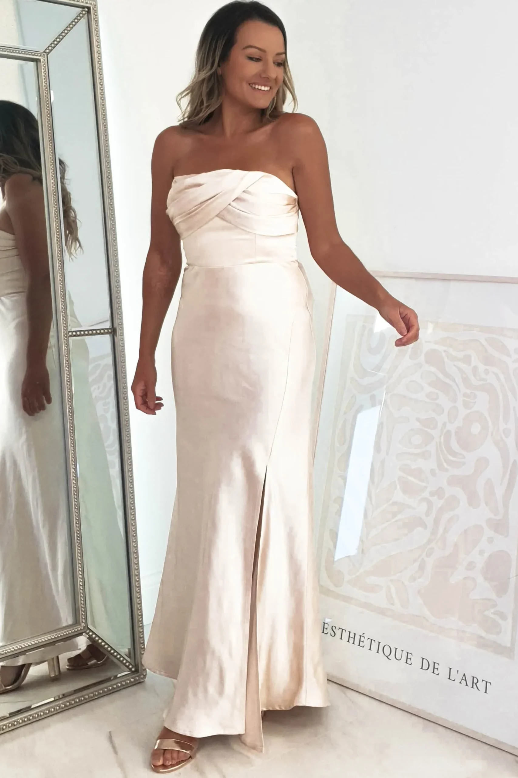 Hot Everly Strapless Satin Midi Dress | Champange Mittellange Kleider|Midi-kleider