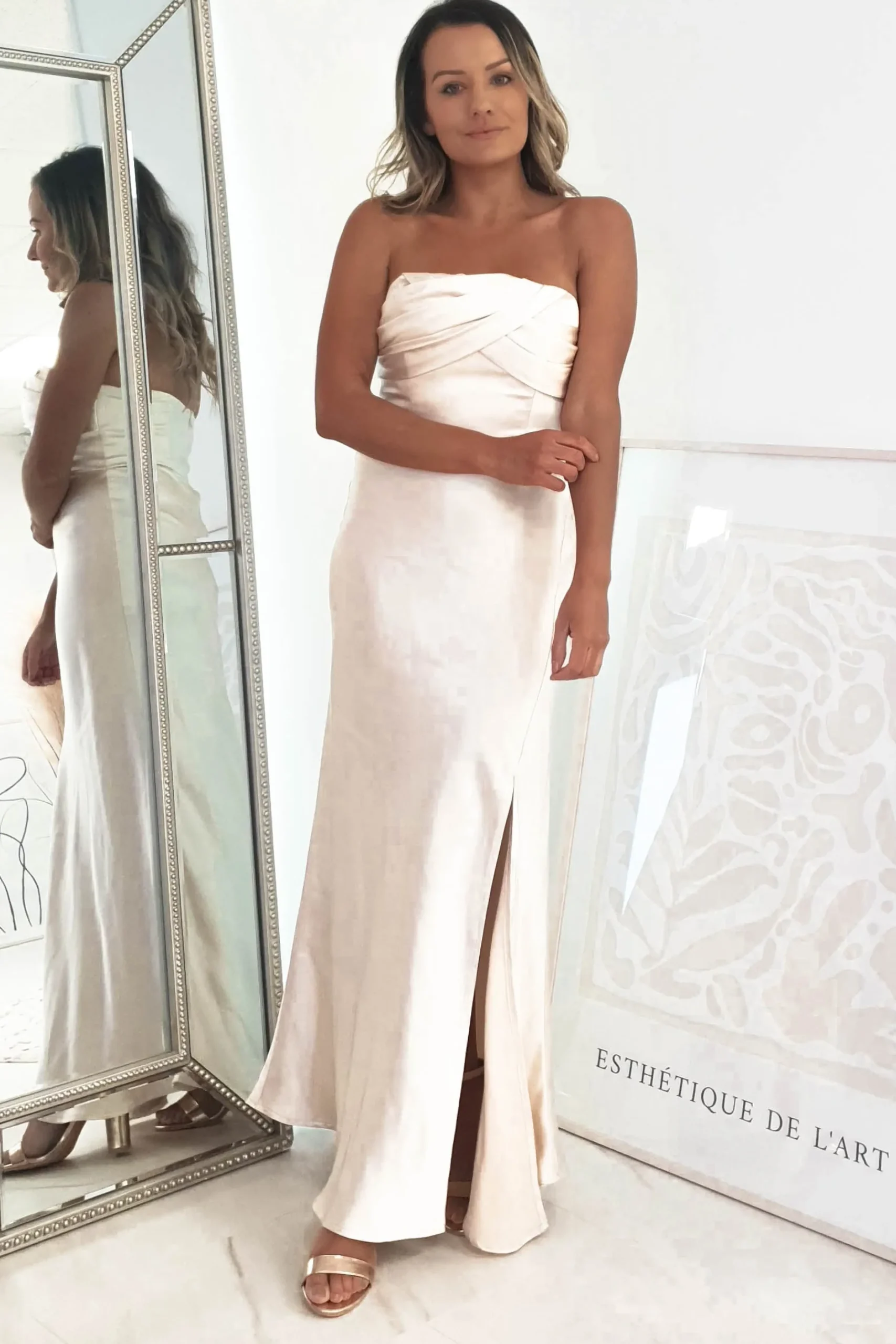 Hot Everly Strapless Satin Midi Dress | Champange Mittellange Kleider|Midi-kleider