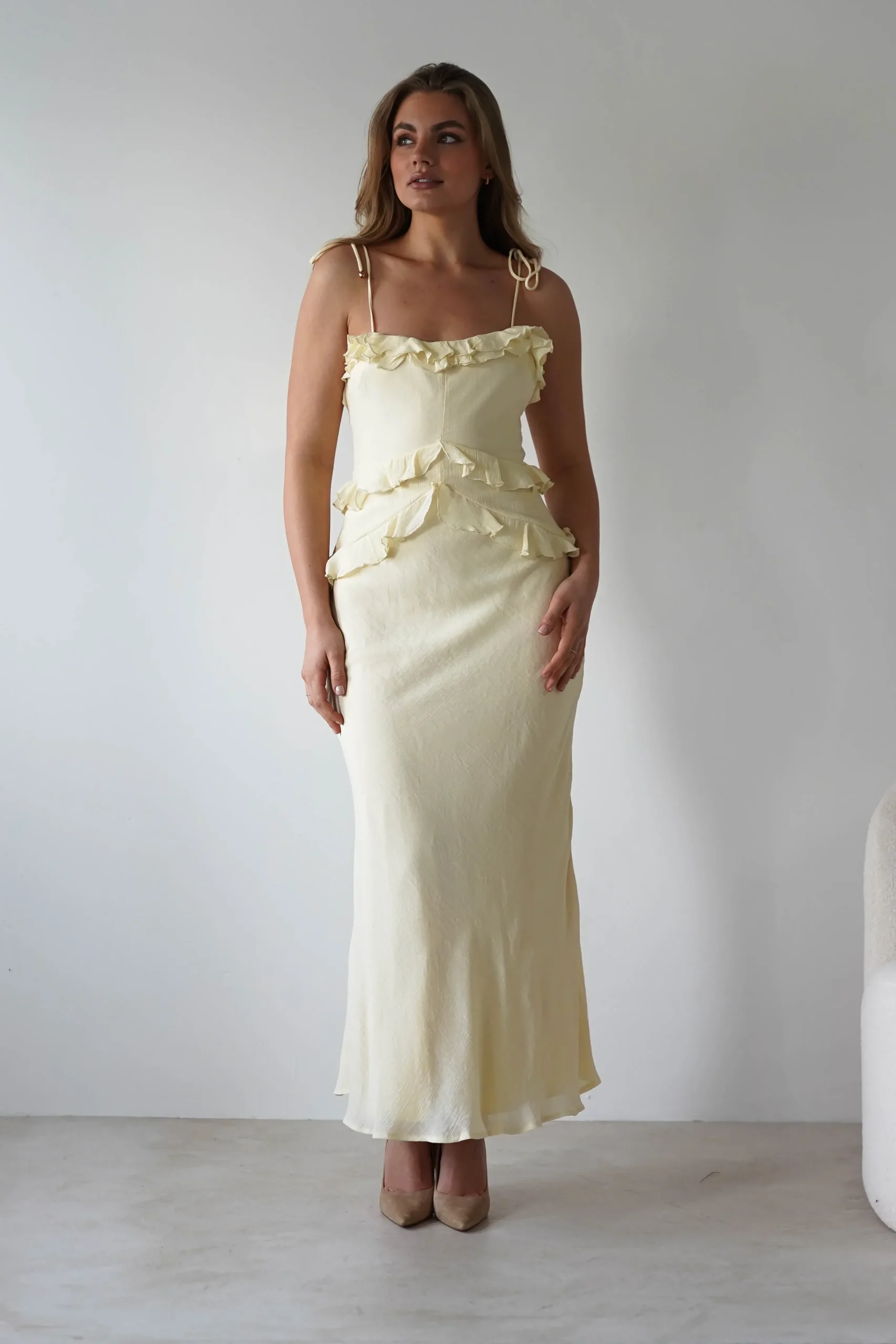 Fashion Faith Ruffle Cotton Maxi Dress | Yellow Mittellange Kleider|Midi-kleider