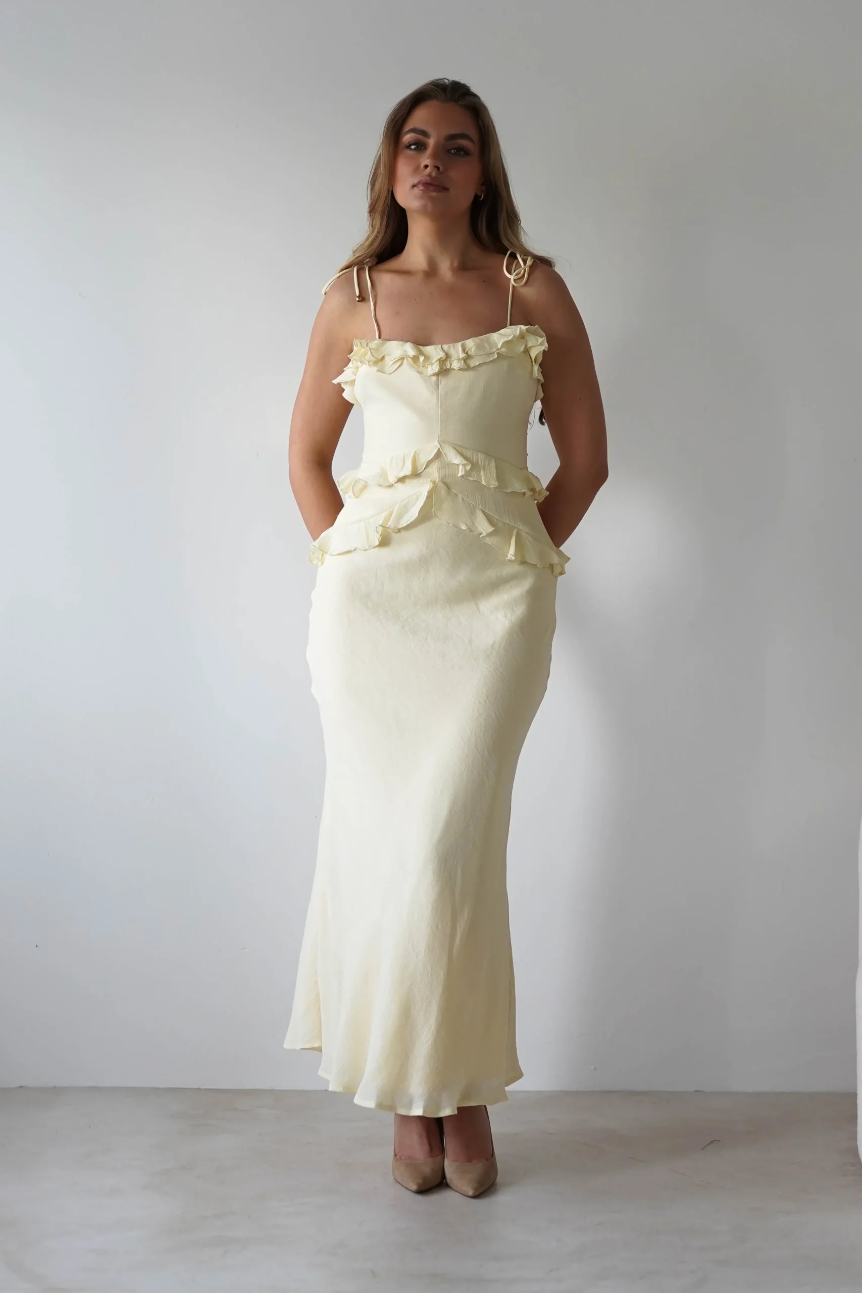 Fashion Faith Ruffle Cotton Maxi Dress | Yellow Mittellange Kleider|Midi-kleider