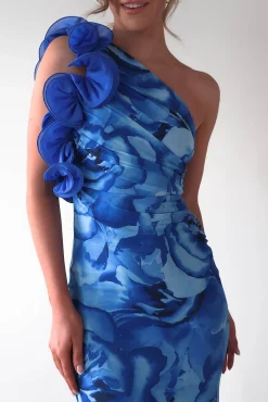 Clearance Genie Ruffle Printed Maxi Dress | Blue Mittellange Kleider|Midi-kleider