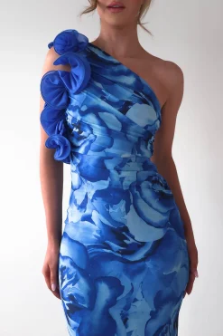 Clearance Genie Ruffle Printed Maxi Dress | Blue Mittellange Kleider|Midi-kleider