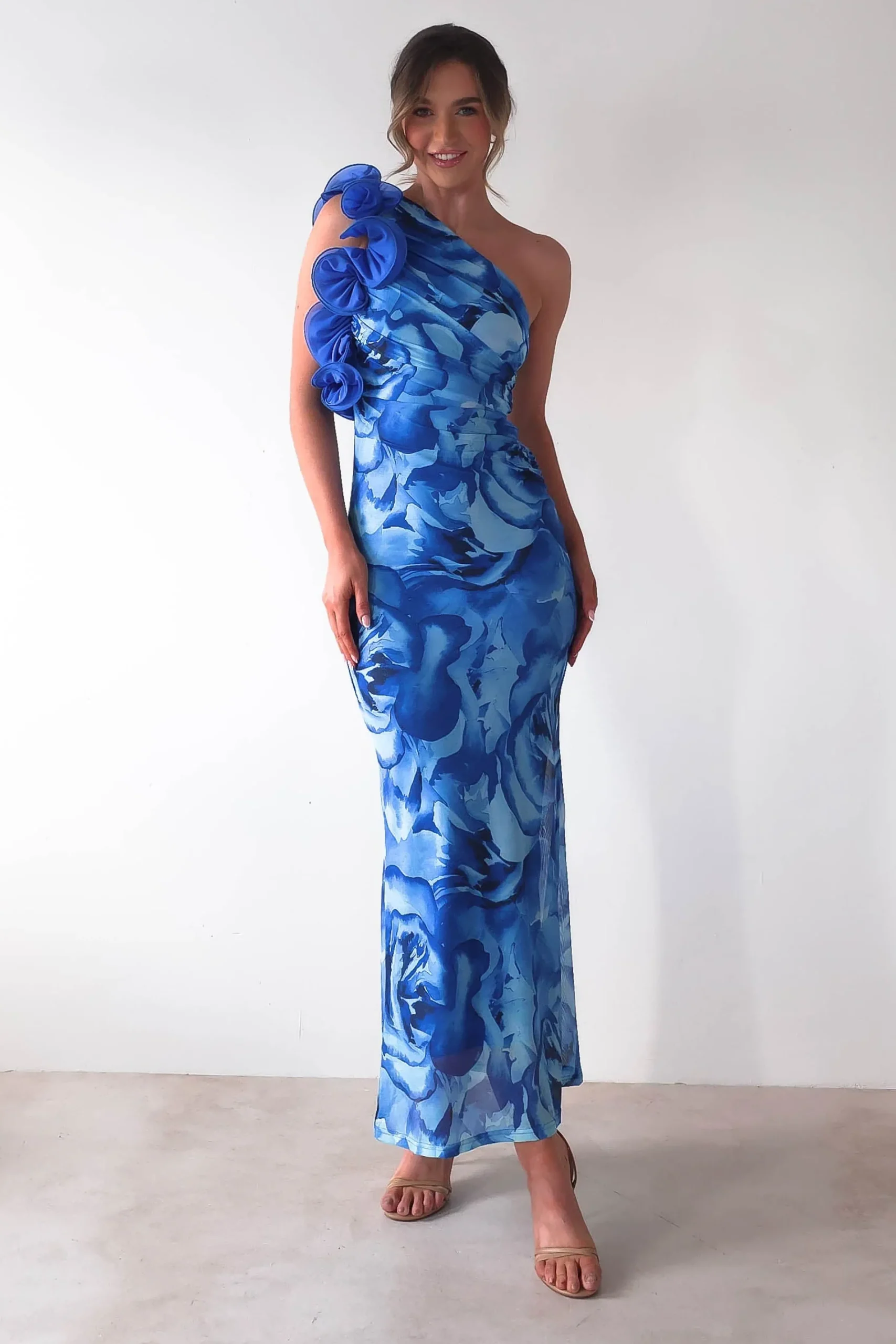Clearance Genie Ruffle Printed Maxi Dress | Blue Mittellange Kleider|Midi-kleider
