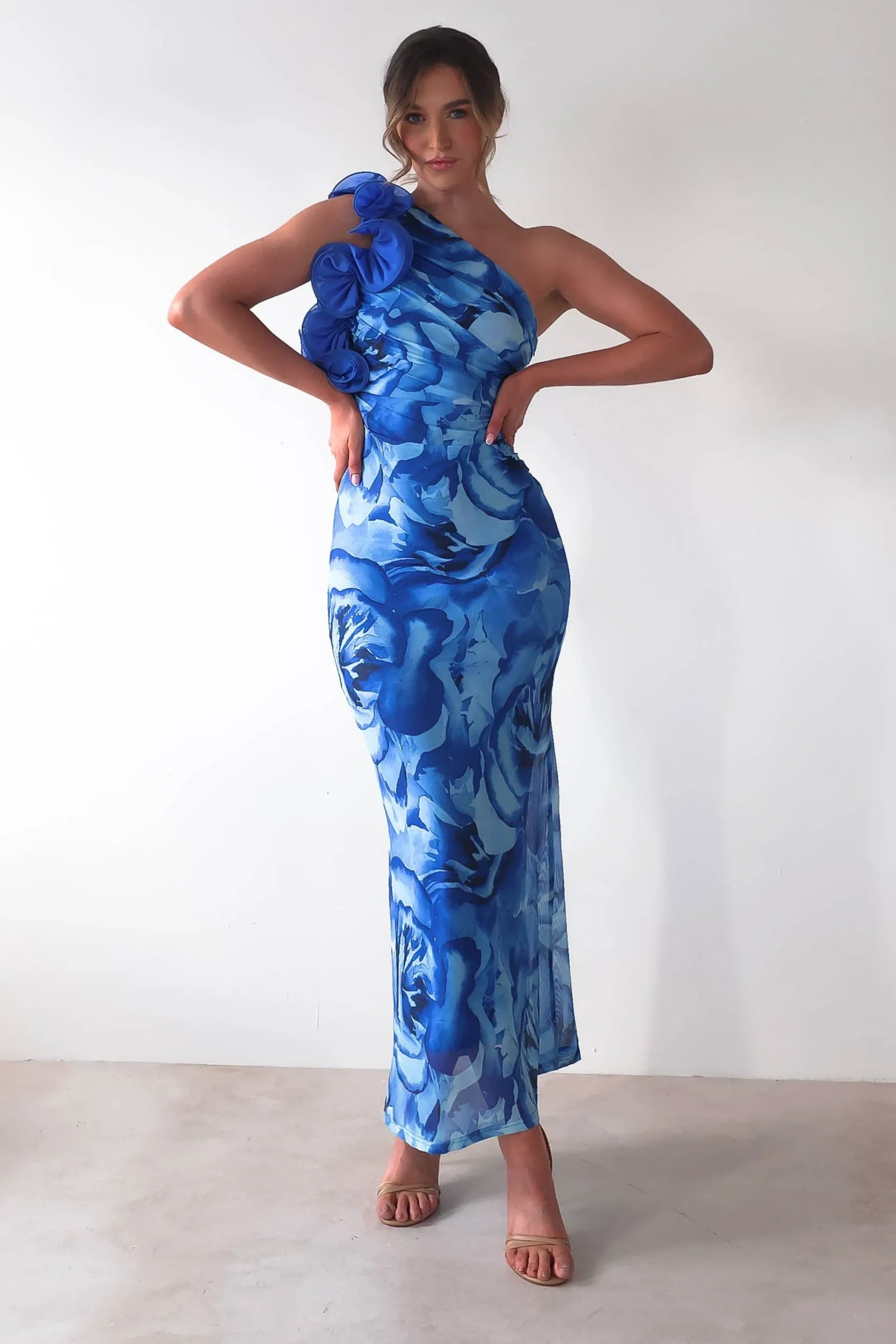 Clearance Genie Ruffle Printed Maxi Dress | Blue Mittellange Kleider|Midi-kleider