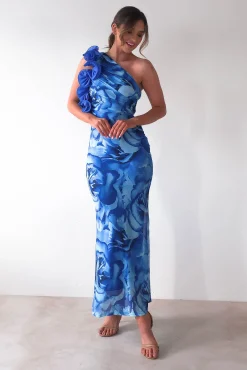 Clearance Genie Ruffle Printed Maxi Dress | Blue Mittellange Kleider|Midi-kleider