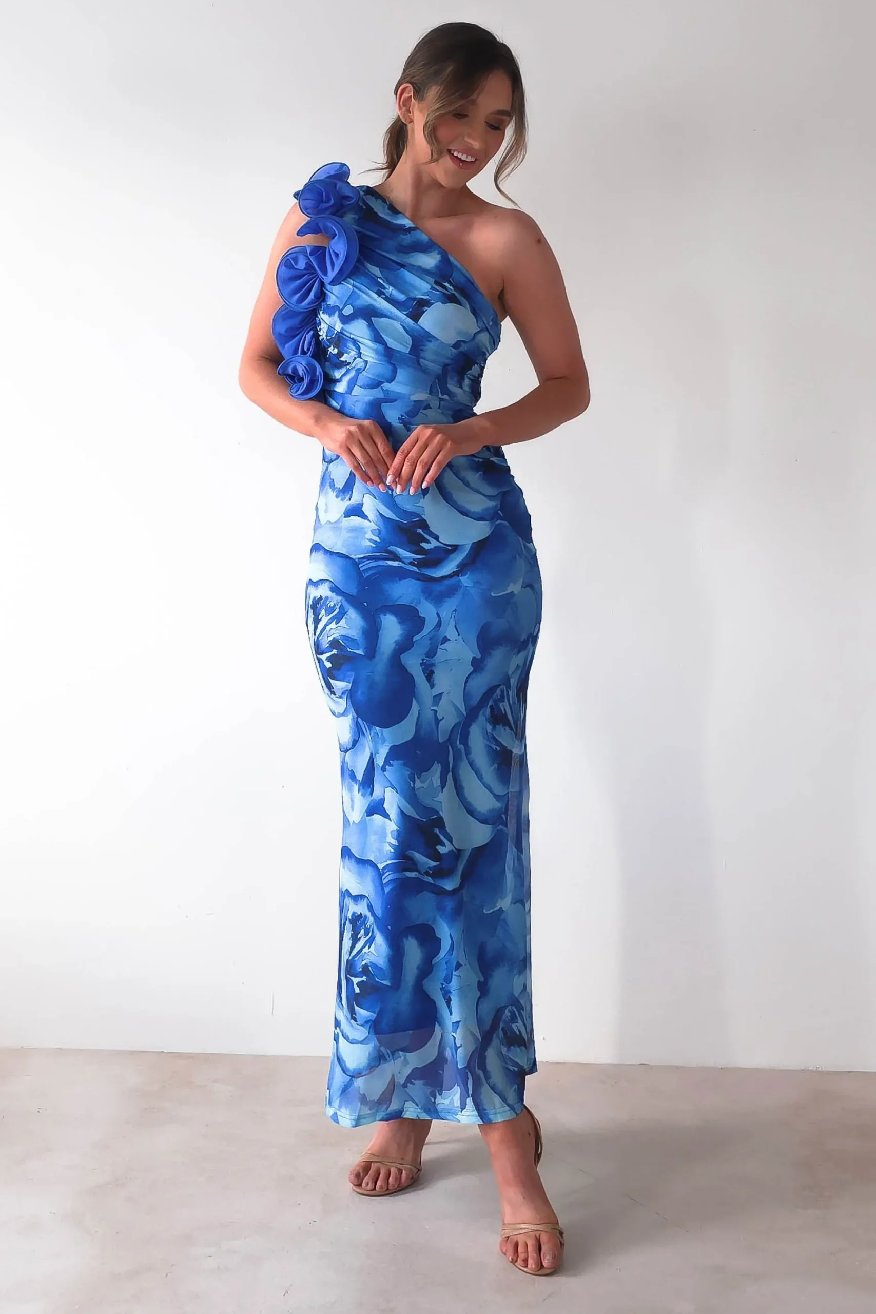 Clearance Genie Ruffle Printed Maxi Dress | Blue Mittellange Kleider|Midi-kleider