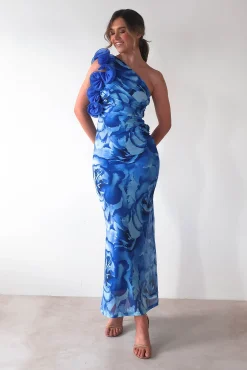 Clearance Genie Ruffle Printed Maxi Dress | Blue Mittellange Kleider|Midi-kleider
