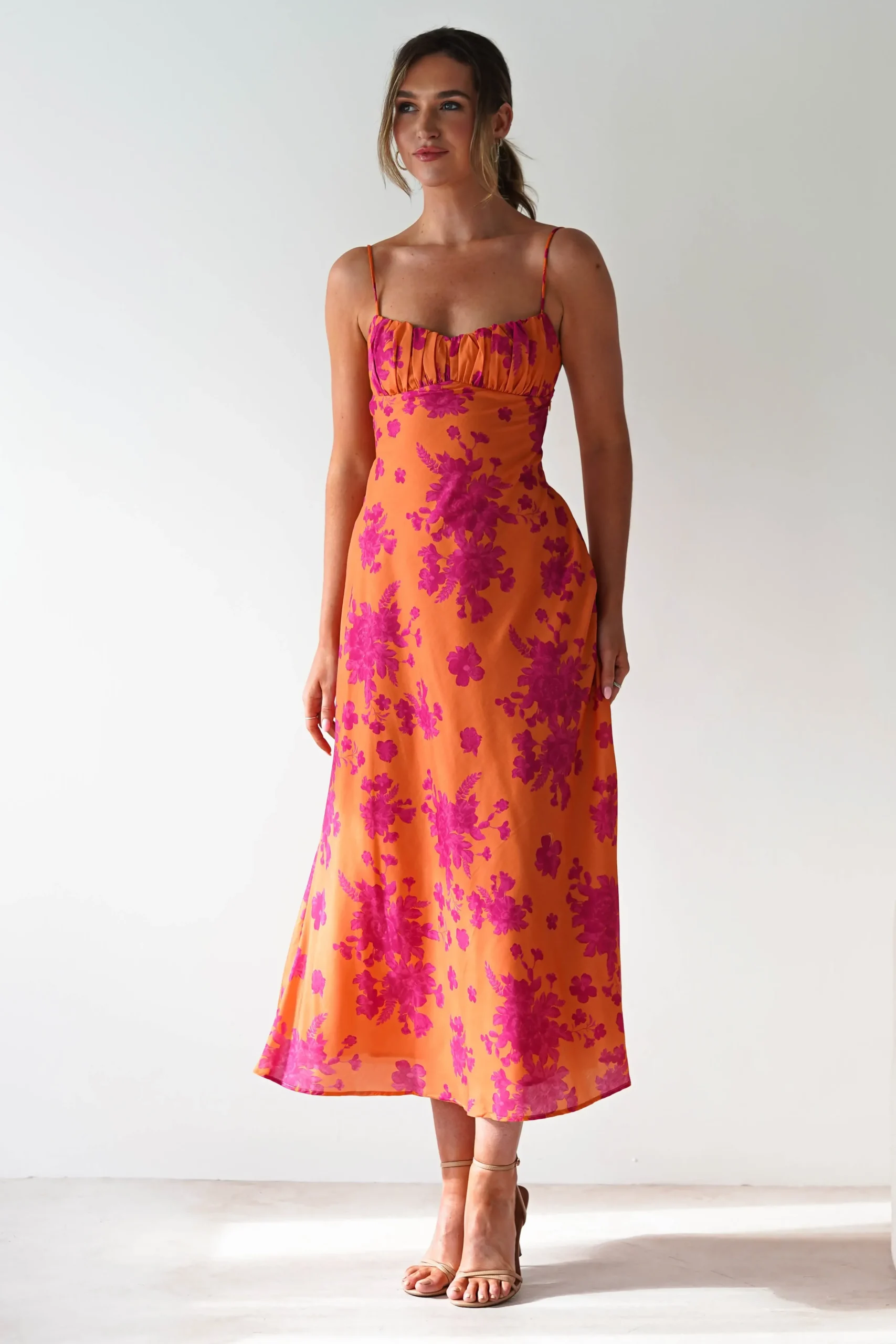 Discount Gina Cotton Floral Maxi Dress | Orange/Pink Lange Kleider|Maxikleider
