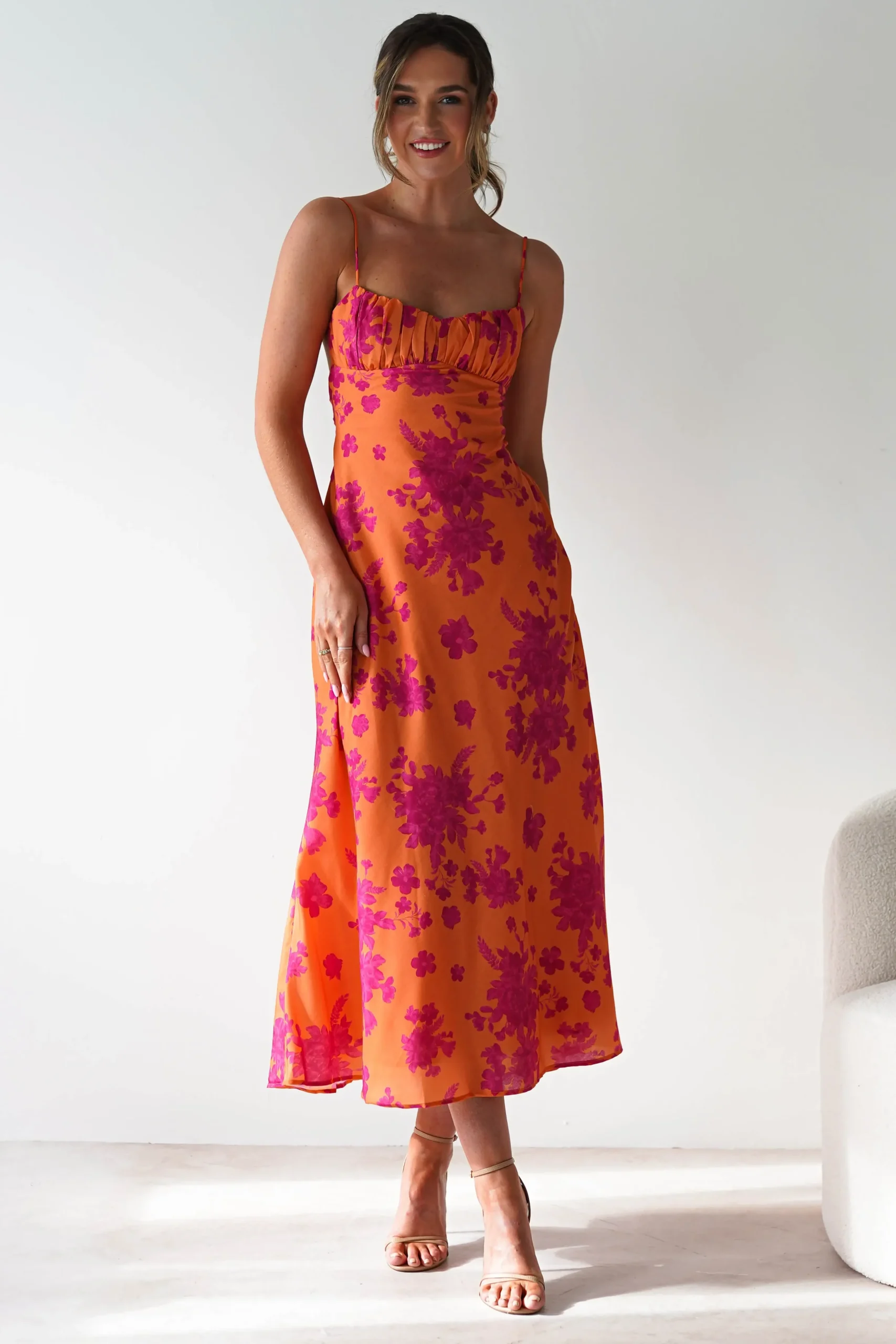 Discount Gina Cotton Floral Maxi Dress | Orange/Pink Lange Kleider|Maxikleider
