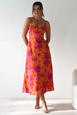 Discount Gina Cotton Floral Maxi Dress | Orange/Pink Lange Kleider|Maxikleider