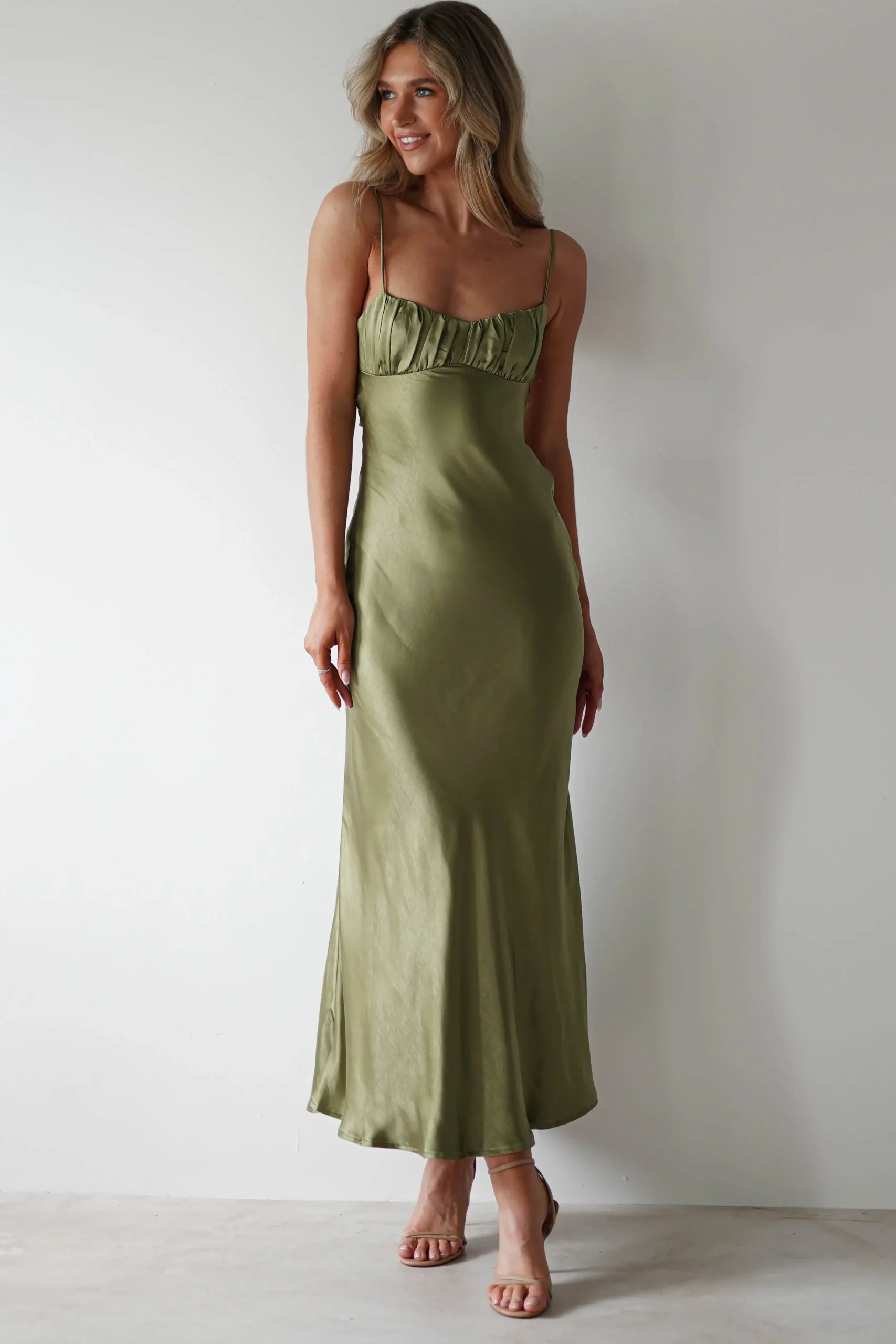 New Grace Soft Satin Maxi Dress | Olive Lange Kleider|Maxikleider