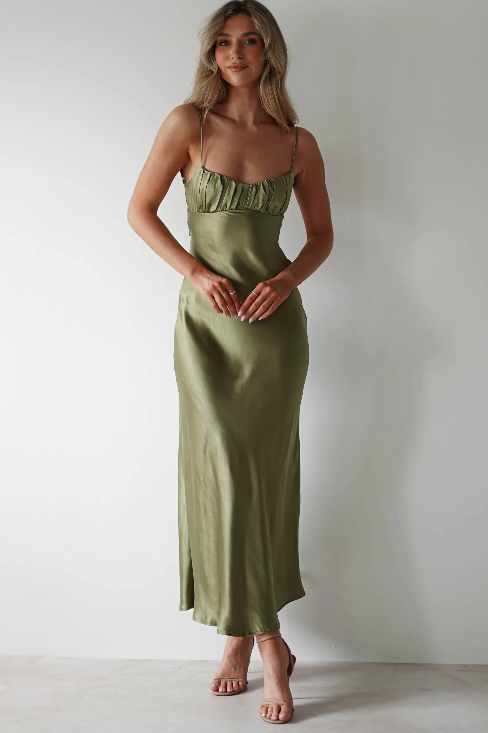 New Grace Soft Satin Maxi Dress | Olive Lange Kleider|Maxikleider