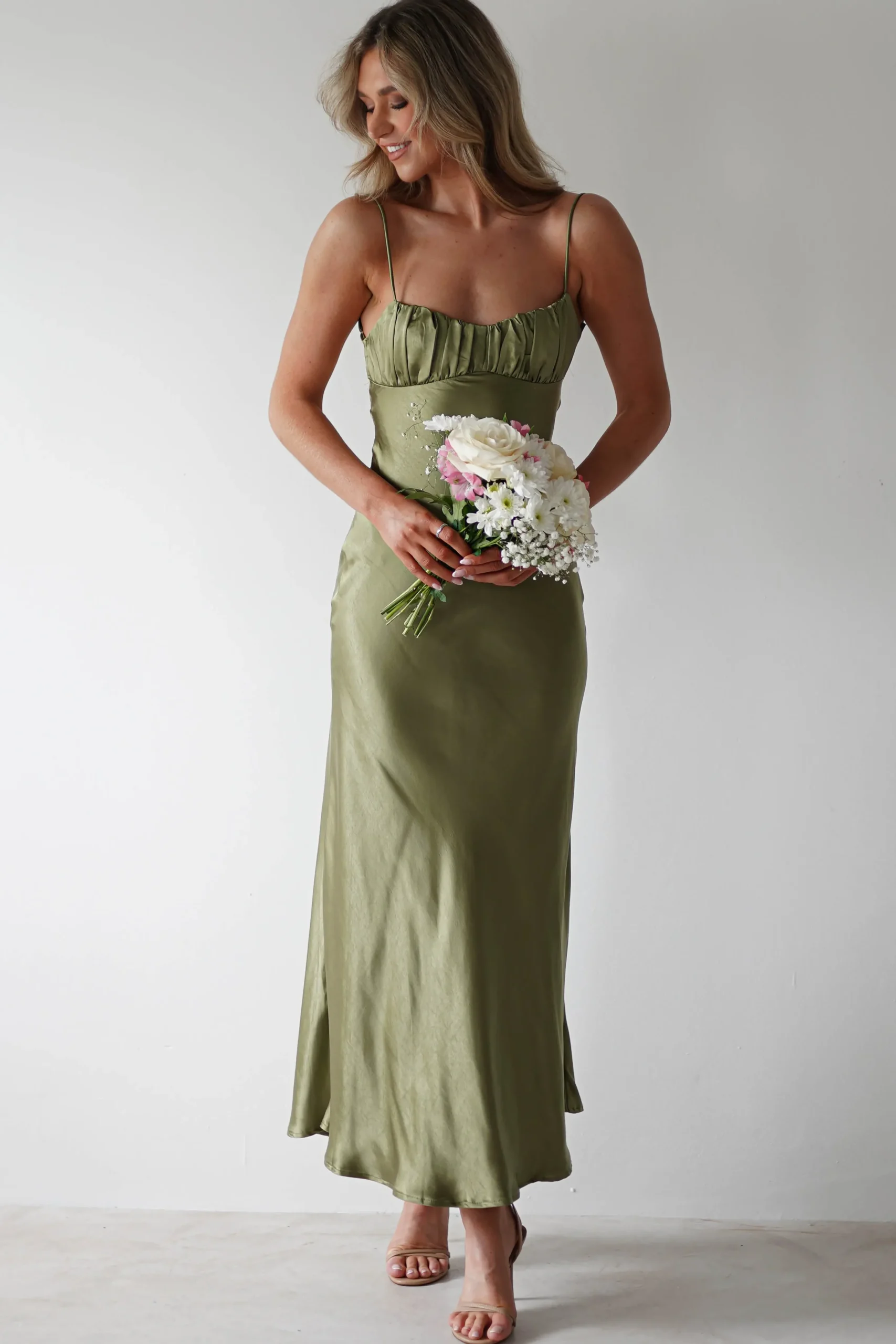 New Grace Soft Satin Maxi Dress | Olive Lange Kleider|Maxikleider